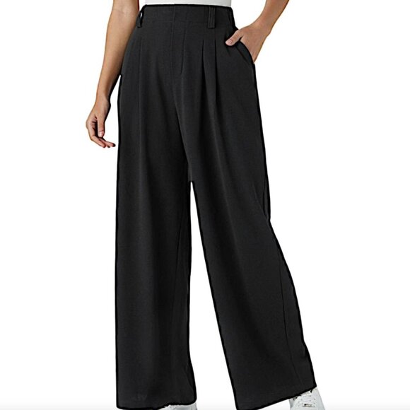 Halara Womens Large Tall Black Wide Leg Trousers Pleated Pull On Pants - Picture 1 of 8
